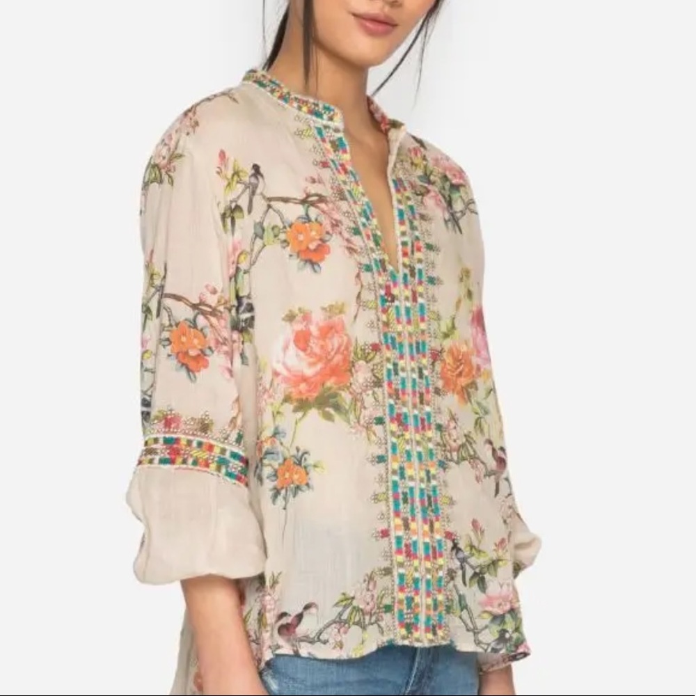 Johnny Was Workshop Womens The Paris Effortless Embroidered Linen Top Size M